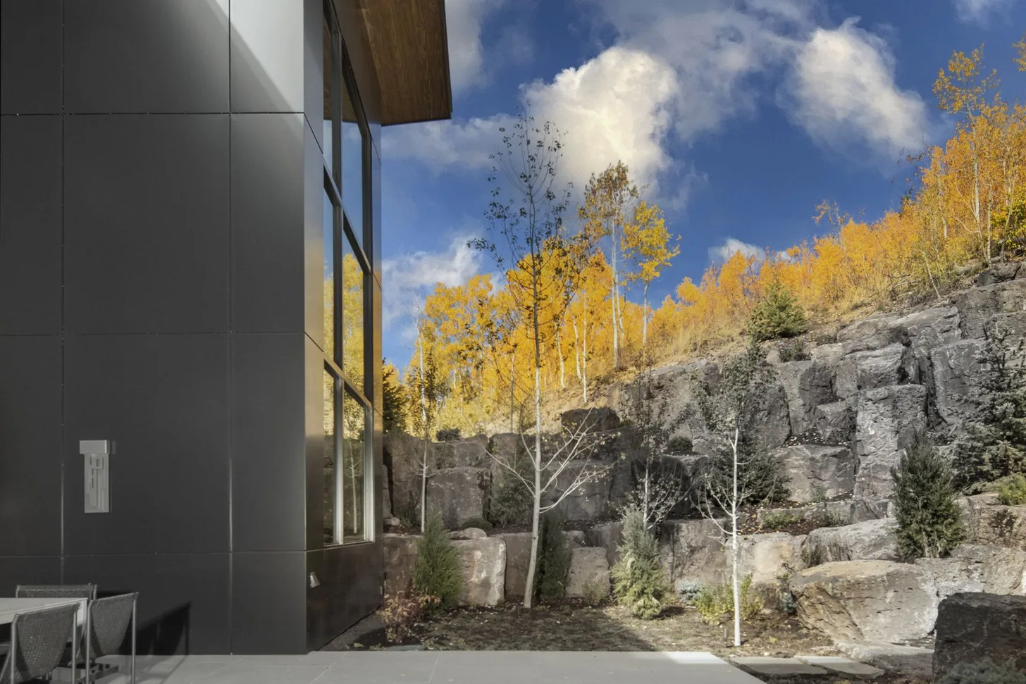 Excavated stone retaining wall with aspens against the dark cladding