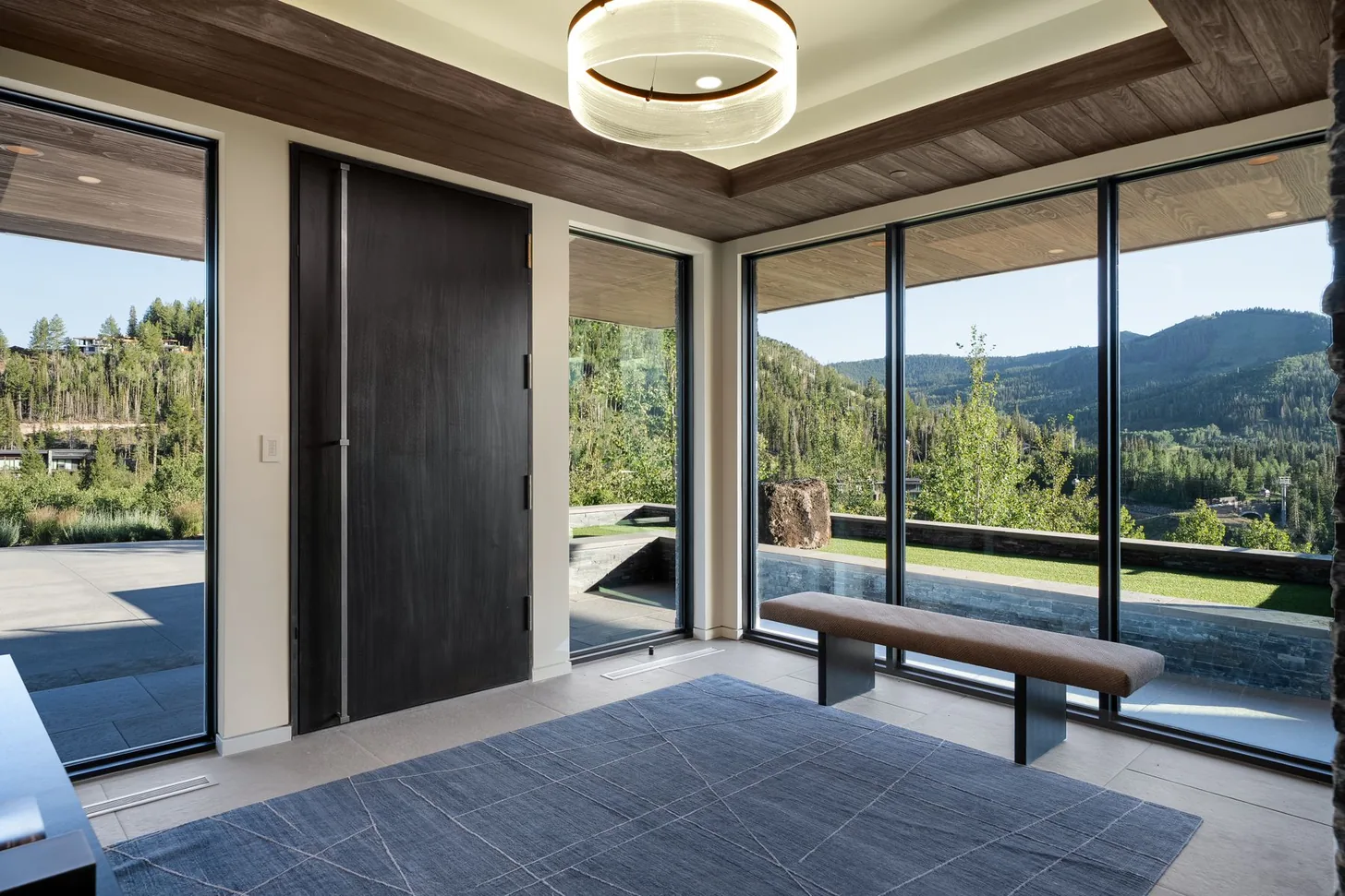 Blackened pivot entry door opening onto the terrace and mountain beyond