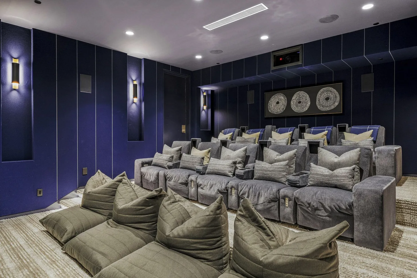 Home theater with tiered seating and acoustic wall panels