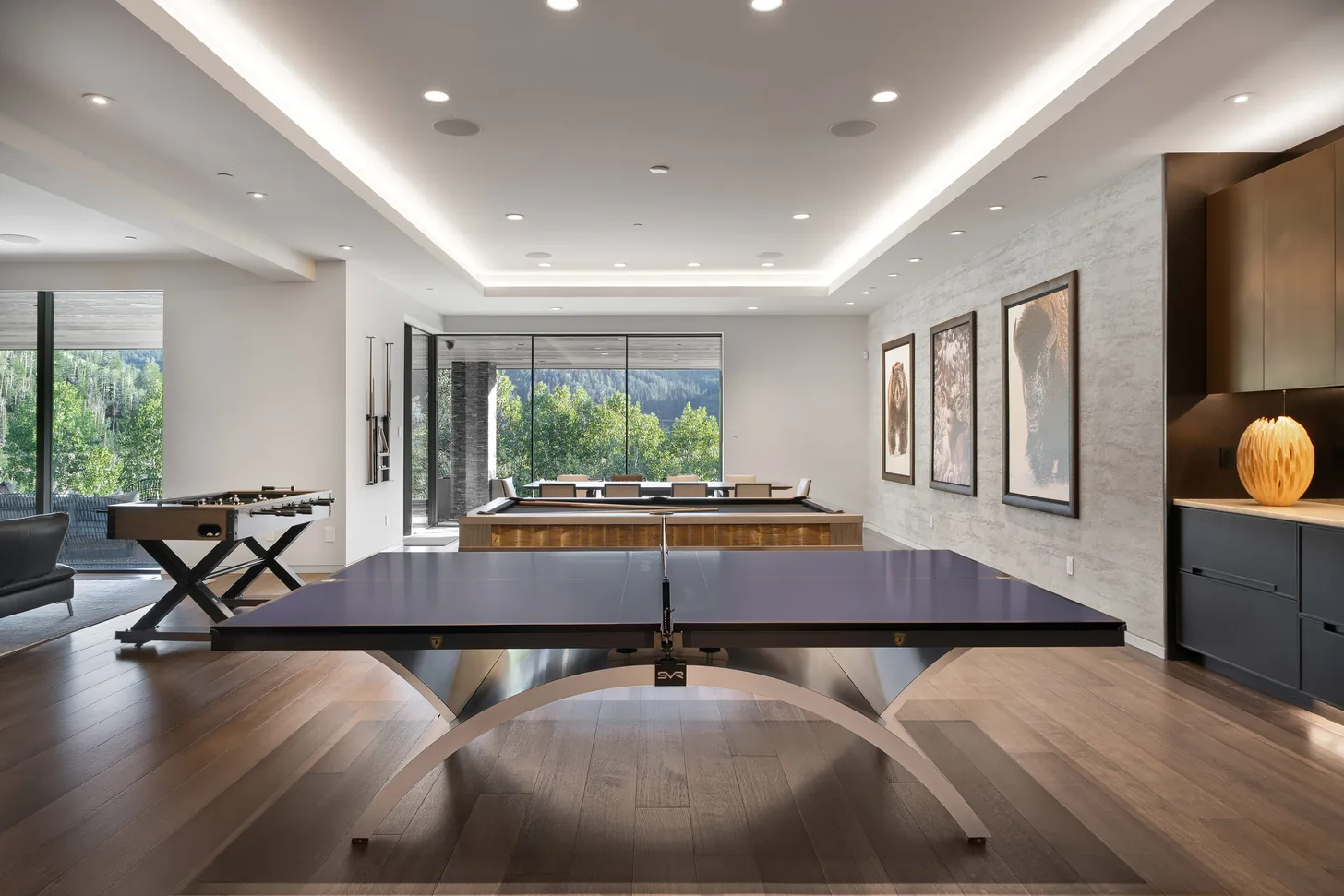 Recreation room with pool table, table tennis and foosball