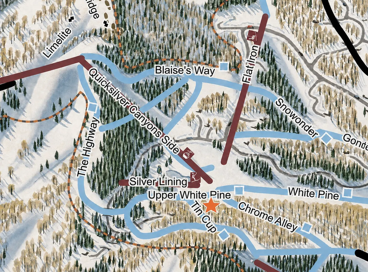 Trail map detail showing Tin Cup, Upper White Pine and the Quicksilver Gondola above 246 White Pine Canyon